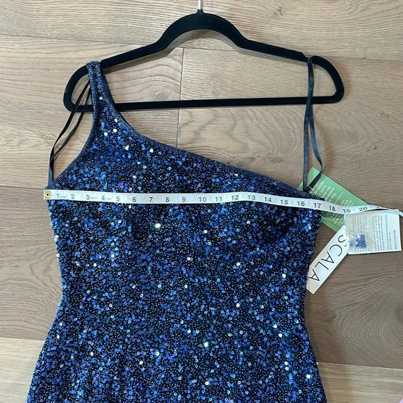 SCALA Vintage 100% Silk GORGEOUS Navy One Shoulder Beaded & Sequin Gown Size XL - Picture 4 of 13